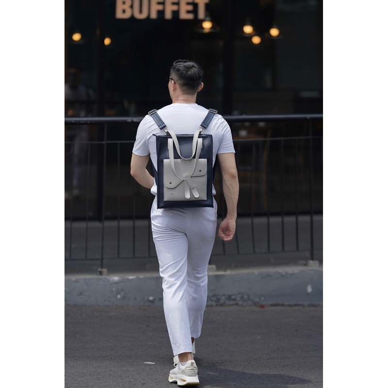 Túi da KHÔISTORE | Horse Saddle_Túi tote balo đeo chéo đa năng_Túi thiết kế_Hàng thủ công_Túi laptop_Màu navy phối xám