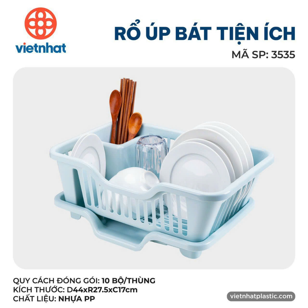 Giá úp bát đĩa 1 tầng kèm khay hứng, Rổ úp bát tiện ích Việt Nhật 3535