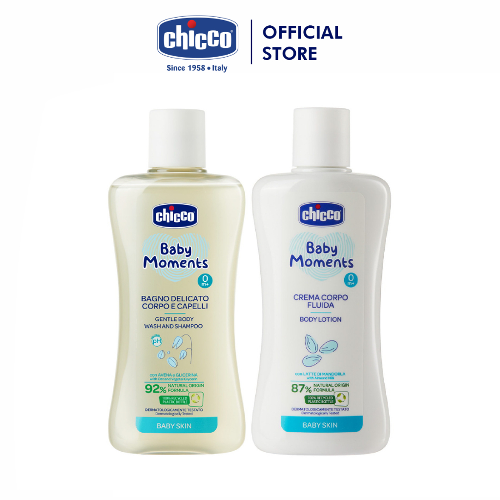 Combo Sữa tắm gội chiết xuất Yến mạch 0M+ Chicco 200ml + Sữa dưỡng thể chiết xuất Hạnh nhân Chicco 200ml