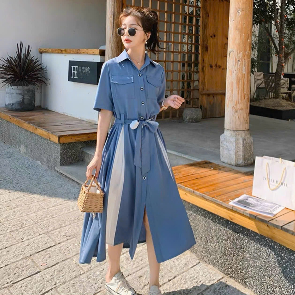 Đầm váy freesize xanh phối trắng túi hộp