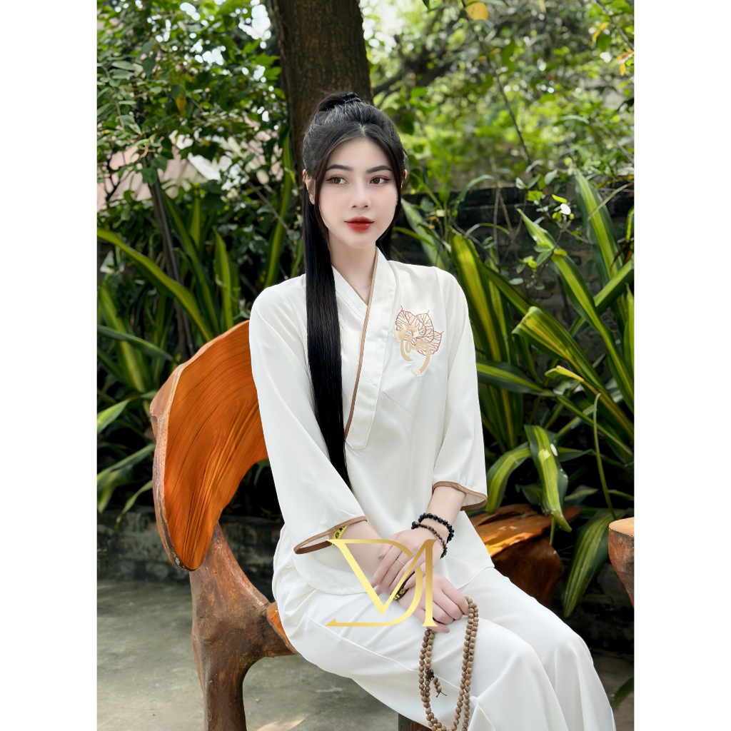 Đồ Lam Đi Chùa, Đồ Lam Đi Chùa Nữ, Bộ Đi Chùa Vạt Chéo Thêu Chữ Tâm, Mã P10