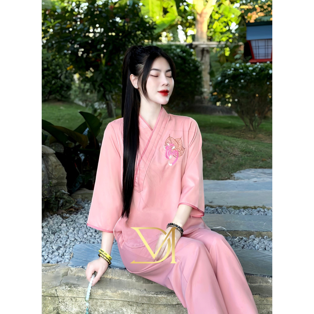 Đồ Lam Đi Chùa, Đồ Lam Đi Chùa Nữ, Bộ Đi Chùa Vạt Chéo Thêu Chữ Tâm, Mã P10