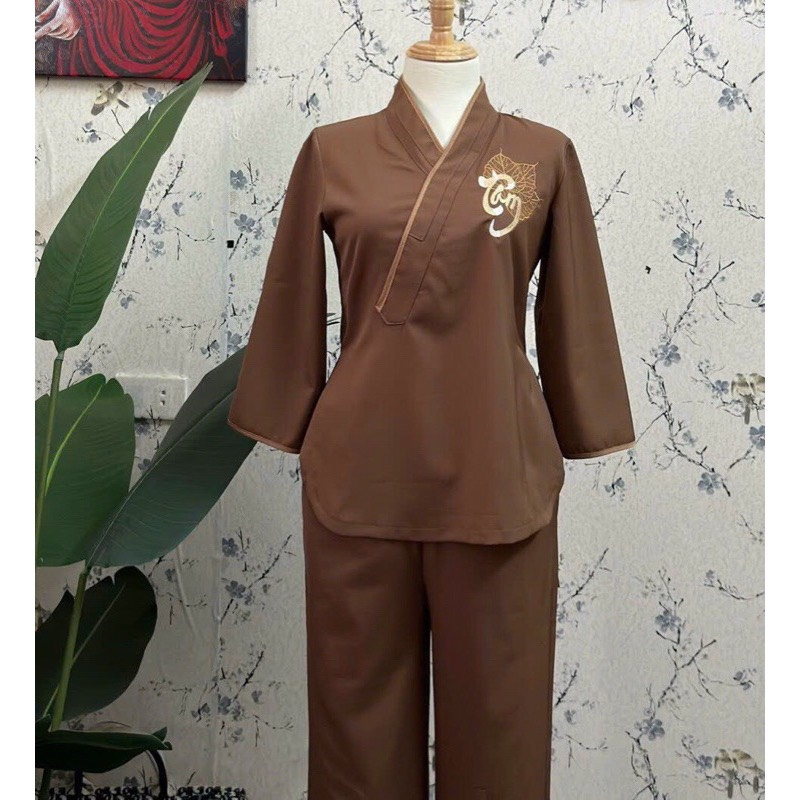 Đồ Lam Đi Chùa, Đồ Lam Đi Chùa Nữ, Bộ Đi Chùa Vạt Chéo Thêu Chữ Tâm, Mã P10
