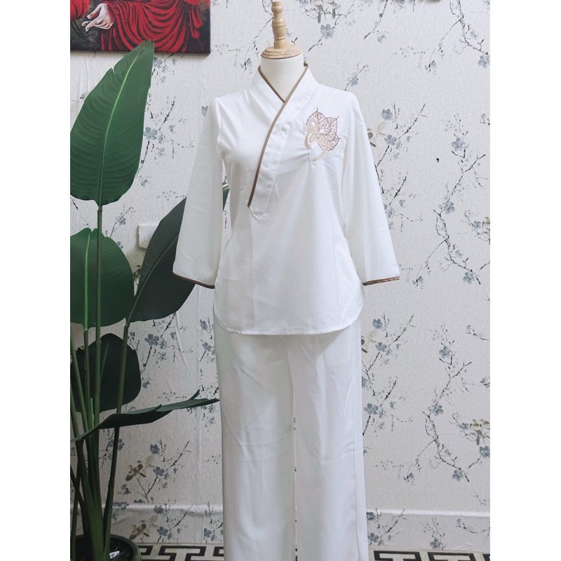 Đồ Lam Đi Chùa, Đồ Lam Đi Chùa Nữ, Bộ Đi Chùa Vạt Chéo Thêu Chữ Tâm, Mã P10