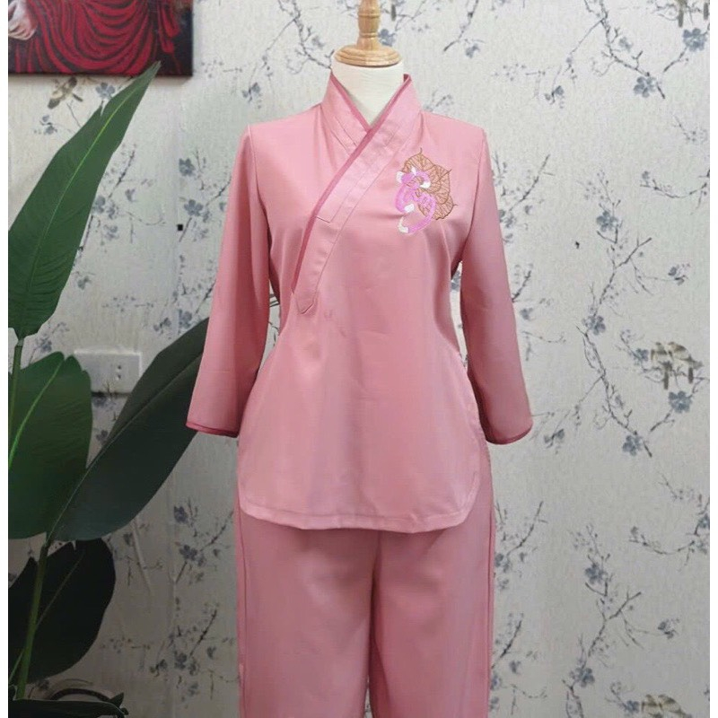 Đồ Lam Đi Chùa, Đồ Lam Đi Chùa Nữ, Bộ Đi Chùa Vạt Chéo Thêu Chữ Tâm, Mã P10