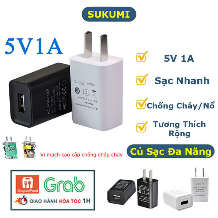 Củ sạc USB 5V 1A sạc nhanh an toàn, củ sạc nhanh điện thoại cổng USB, cục sạc đèn pin, quạt tích điện, nguồn cho đèn