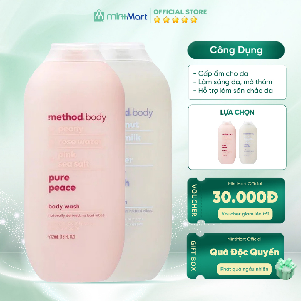 [Chính hãng] Sữa Tắm Method Body Wash Úc 532ml, Cấp Ẩm Dữơng Trắng Da Cho Da Mịn Màng Sạch Sâu Từ Bên Trong