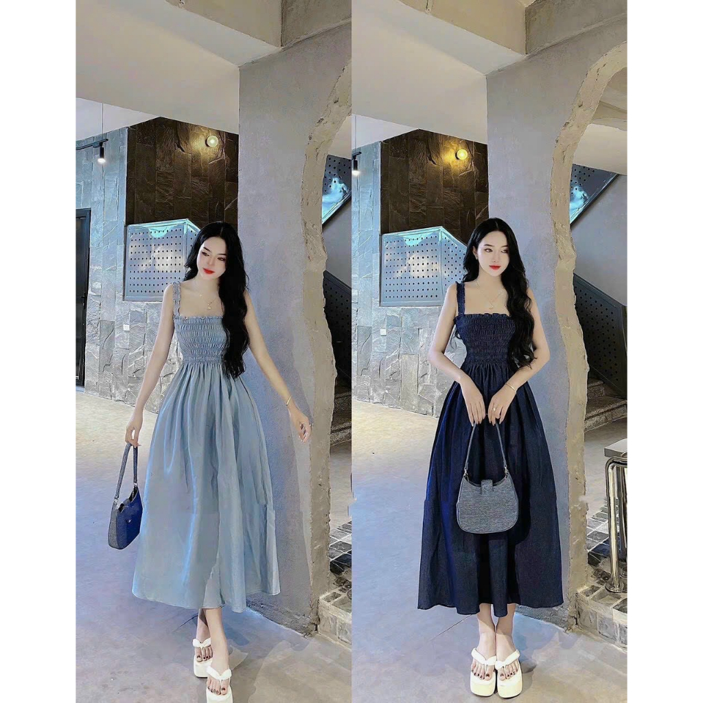 Đầm thời trang nữ mặc đi chơi chất Jeans 2 dây nhún ngực váy dáng dài 2 màu xanh đậm và nhạt sang chảnh chất QC