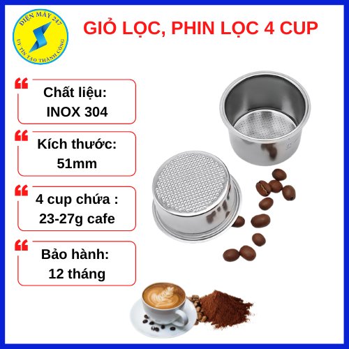 Giỏ lọc 4 cup size 51mm, phin lọc 4 cup INOX thay thế cho máy pha cà phê