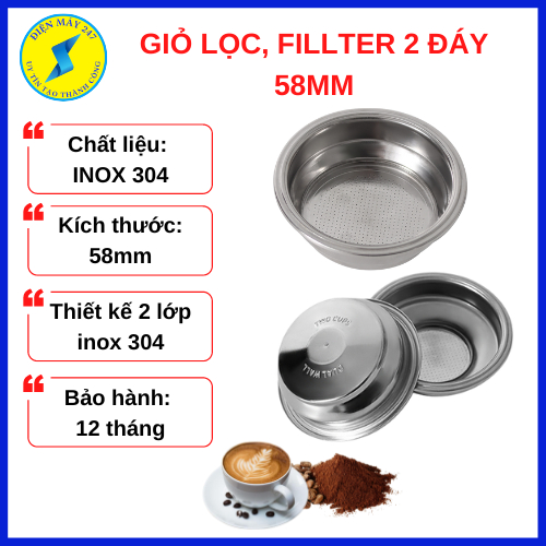 Giỏ lọc áp suất 2 đáy 58mm, Fillter 2 lớp máy pha cà phê Gemilai 3005e, 3200, 3605, Phin lọc Inox máy pha cà phê