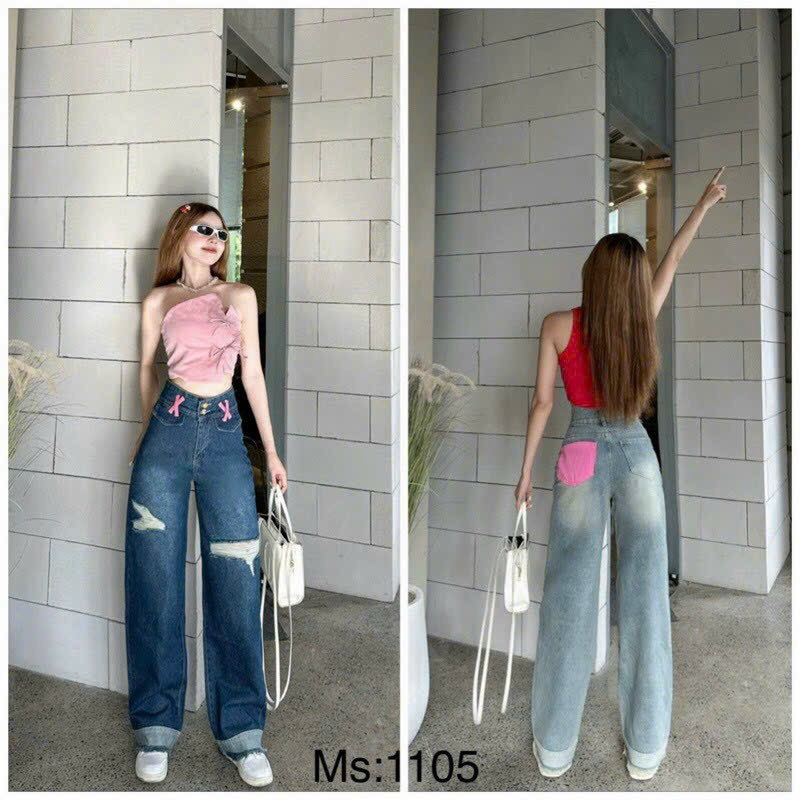 Quần Ống Rộng Jean Nữ Lưng Cao Phối Túi Hồng Con Đỉa Đan Kiểu