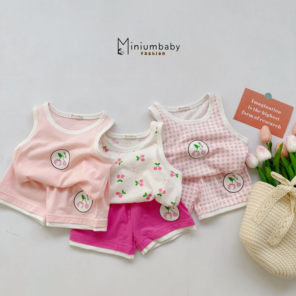 Bộ 100% cotton 2 dây xinh xắn mặc mùa hè cho bé gái miniumbabyfashion, set trẻ em mềm, mát- SB1596