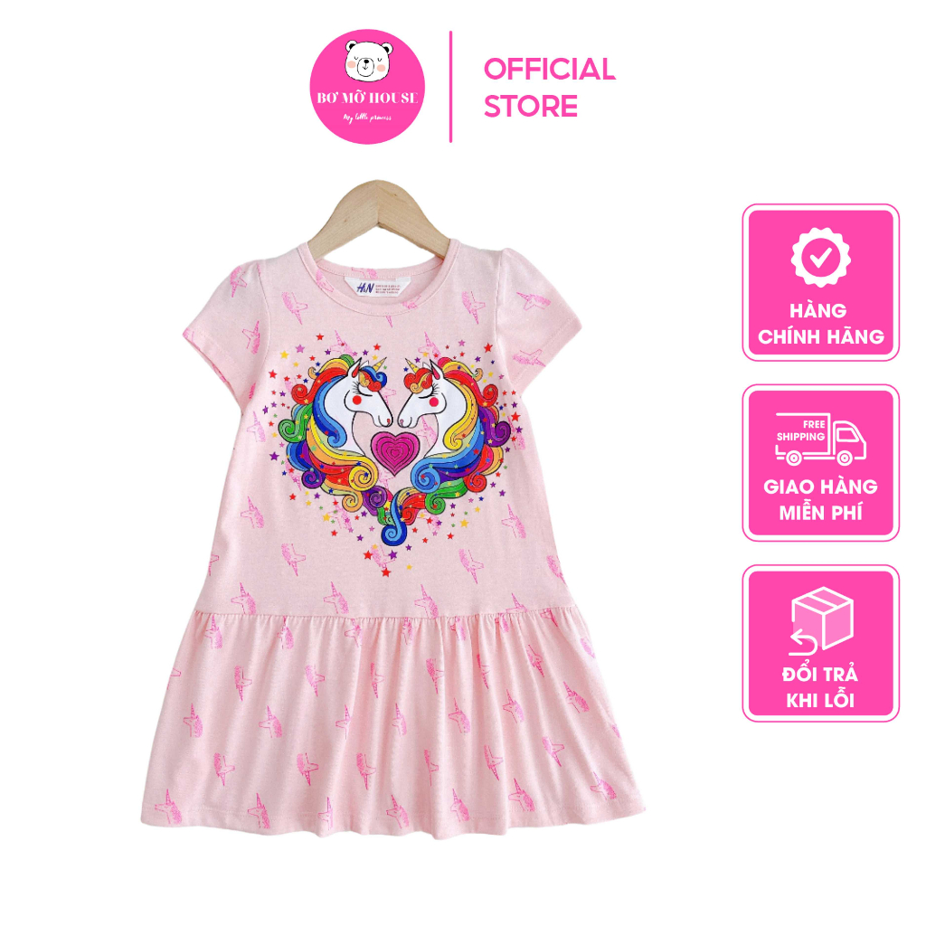 Đầm cotton bé gái BƠ MỠ HOUSE in 3D họa tiết dễ thương size 2-14 tuổi từ 12-37kg