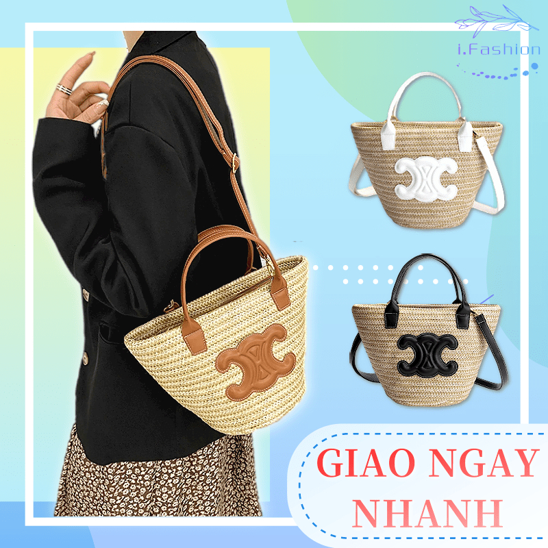 Túi Đeo Vai/Xách Mới Thời Trang Tay Bằng Rơm Dệt túi đi biển Hàn Quốc Phong Cách Zipper xô túi