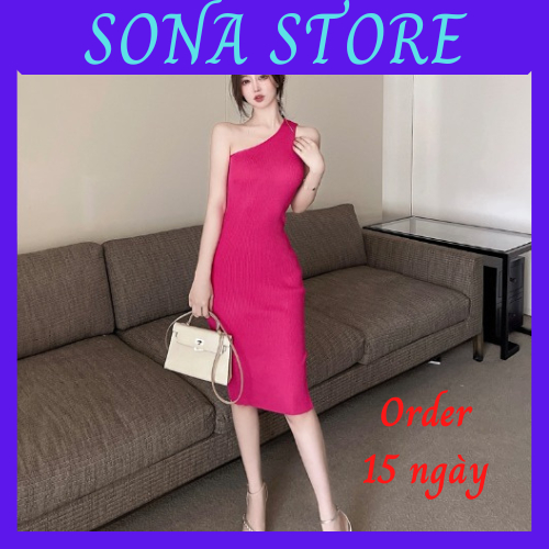 Váy body len lệch vai dáng dài đầm ôm nữ sexy gợi cảm đi biển sang chảnh bánh bèo hàng quảng châu cao cấp SONA STORE