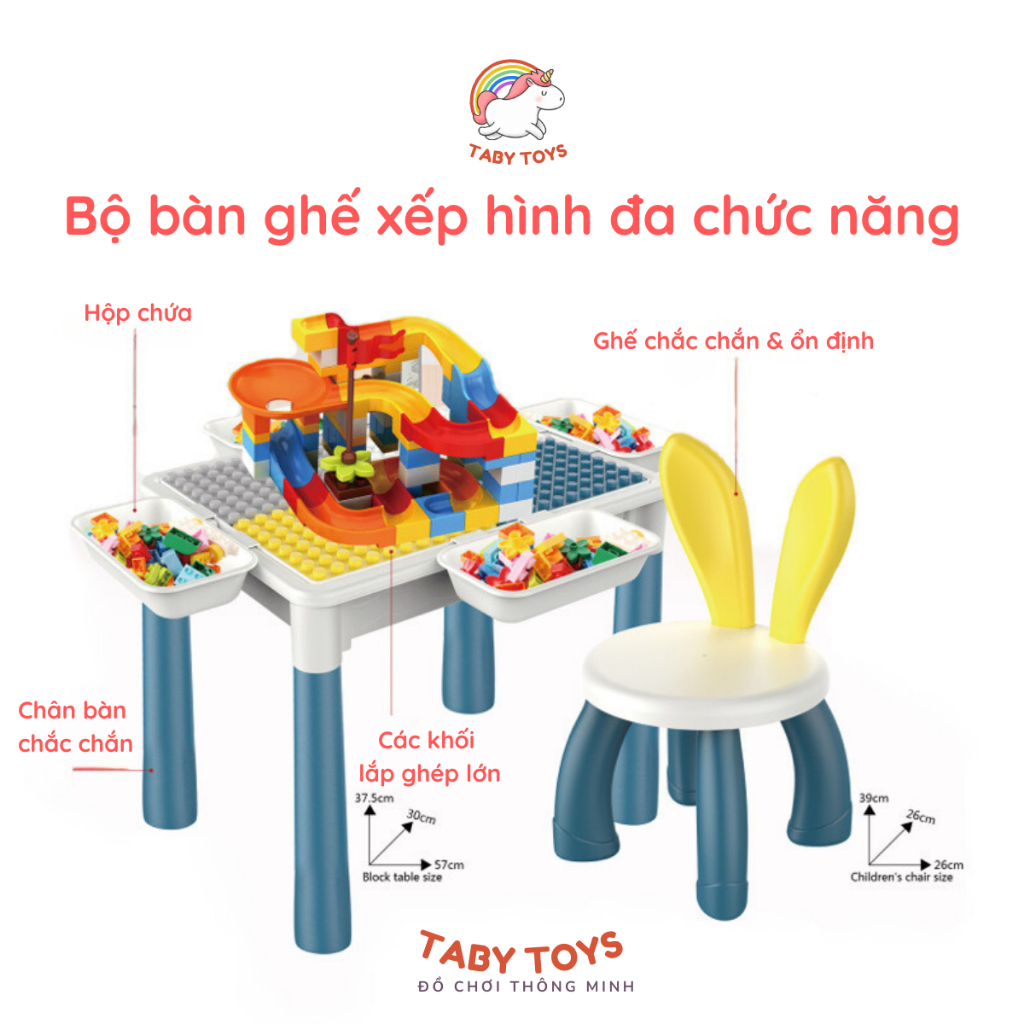 Bàn lắp ráp đồ chơi xếp hình Lego TABY Toys 110 chi tiết, có ngăn đựng đồ, kèm ghế cho bé lắp ráp lego