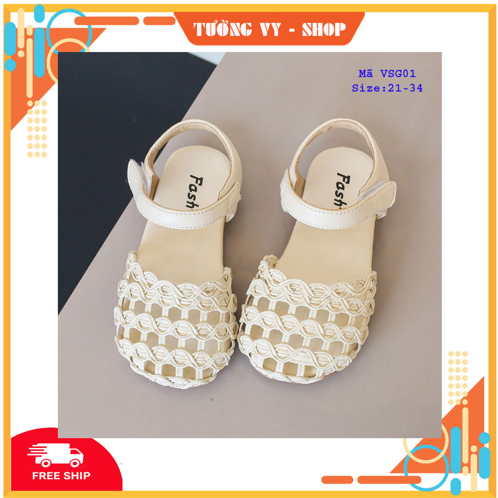 Sandal VSG01 thiết kế cho bé gái từ 1-10 tuổi, Chất liệu da PU mềm mại, kiểu dáng quai dán giúp bé dễ dàng tháo sỏ.