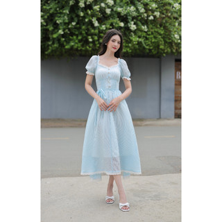 - váy kẻ xanh gắn ren