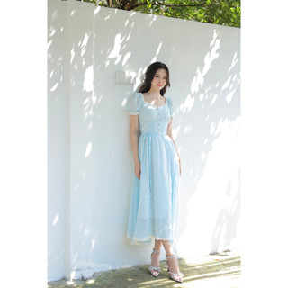 [CLOUDY DRESS] - váy kẻ xanh gắn ren
