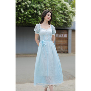 [CLOUDY DRESS] - váy kẻ xanh gắn ren
