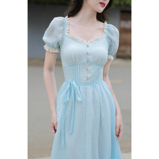 [CLOUDY DRESS] - váy kẻ xanh gắn ren