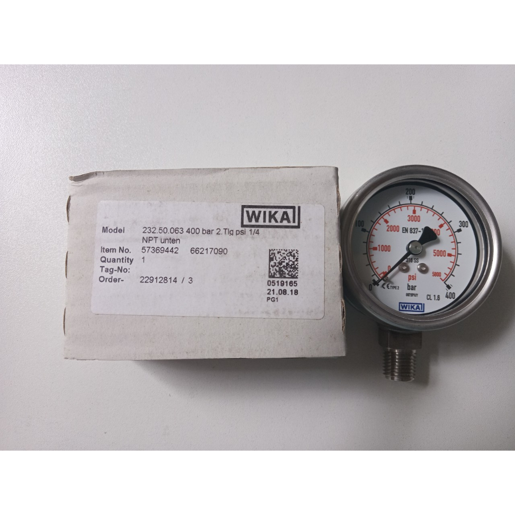 Đồng hồ đo áp suất Wika 232.50.63 Đức, P0-400kg/cm2, thân Inox D63, chân đứng Inox 1/4 inch, không dầu