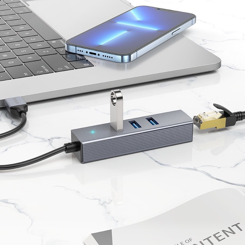 Bộ chuyển USB sang mạng lan và 3 cổng USB Hoco HB34 hay HUB Chia cổng USB 1 ra 3 USB3.0*3 + RJ45 Chính Hãng