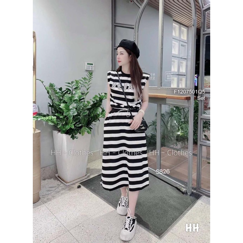 Set bộ áo sát nách phối chữ kèm chân váy dáng dài sang trọng VIENS STORE