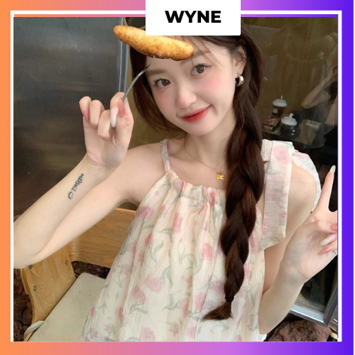 Áo Cổ Yếm Wyne Hai Lớp Phủ Voan Mỏng, Áo Hai Dây Babydoll Có Thắt Nơ Trên Vai Hoa Hồng Hở Vai Phong Cách Điệu Đà