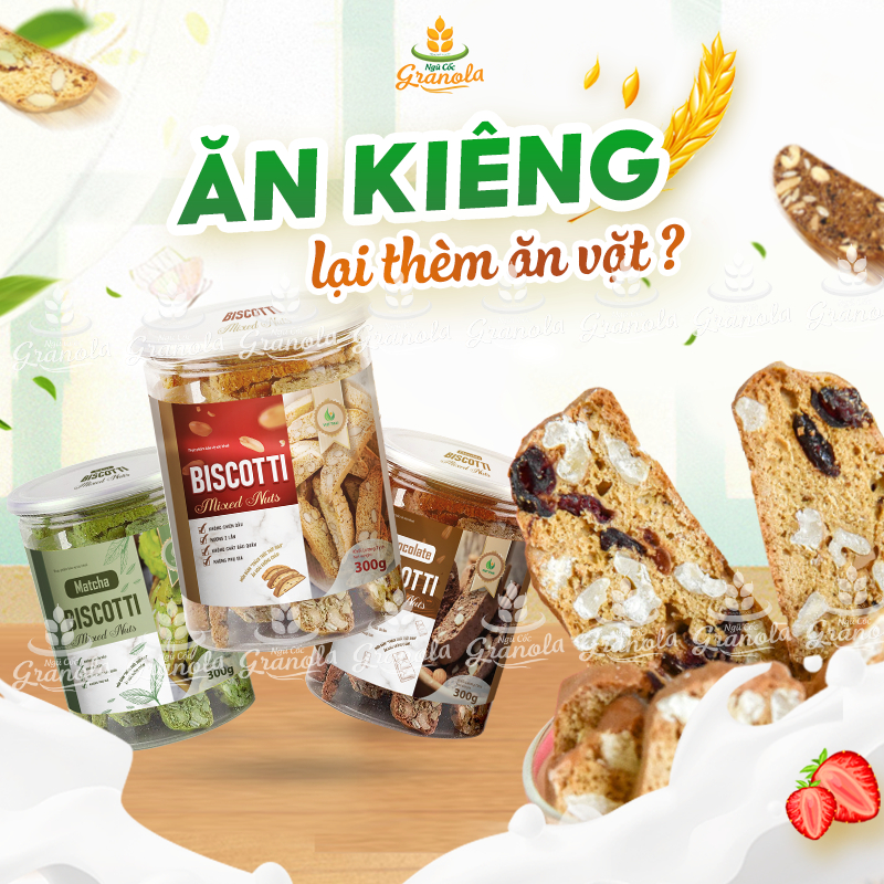 Bánh Biscotti ăn kiêng giảm cân heathly mix 3 vị siêu hạt, 100% nguyên cám, ăn sáng dinh dưỡng Việt Thái Organic