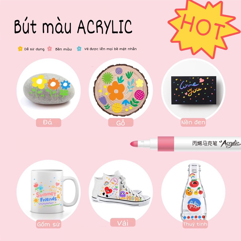 Set 60 Bút màu ACRYLIC Marker CHỐNG THẤM NƯỚC Không Bị Nhoè Có Thể Vẽ Lên Đồ Vật Nhẵn , lau được khi dính lên da