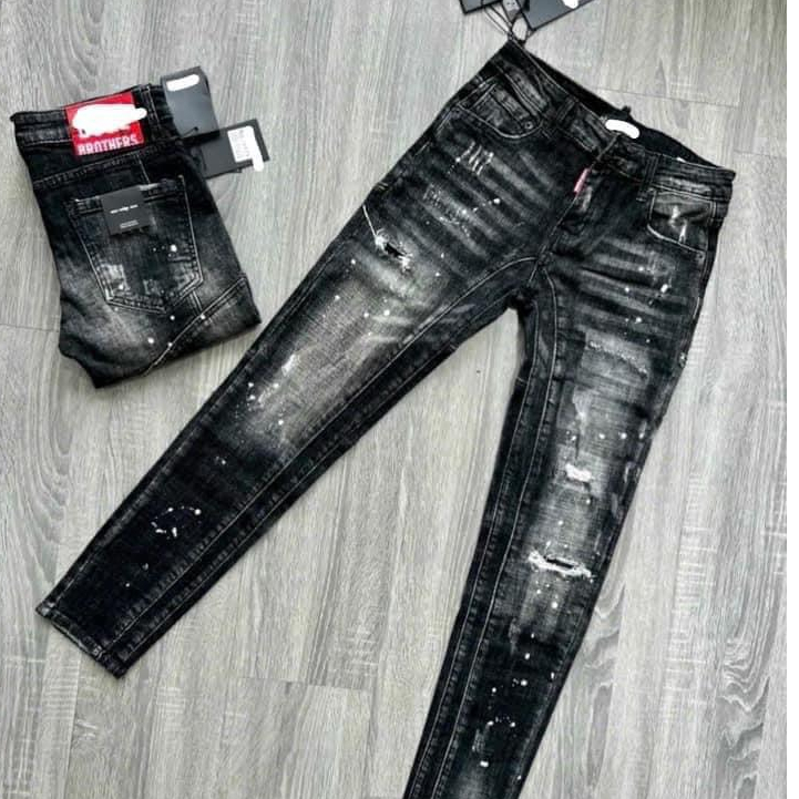 quần bò jean  nam dài đen rách gối vẩy sơn kiểu đẹp cá tính,ống côn bó nhẹ chất jean dãn tốt chuẩn shop