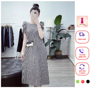 Váy kẻ karo tay hến chất đũi xốp ba màu