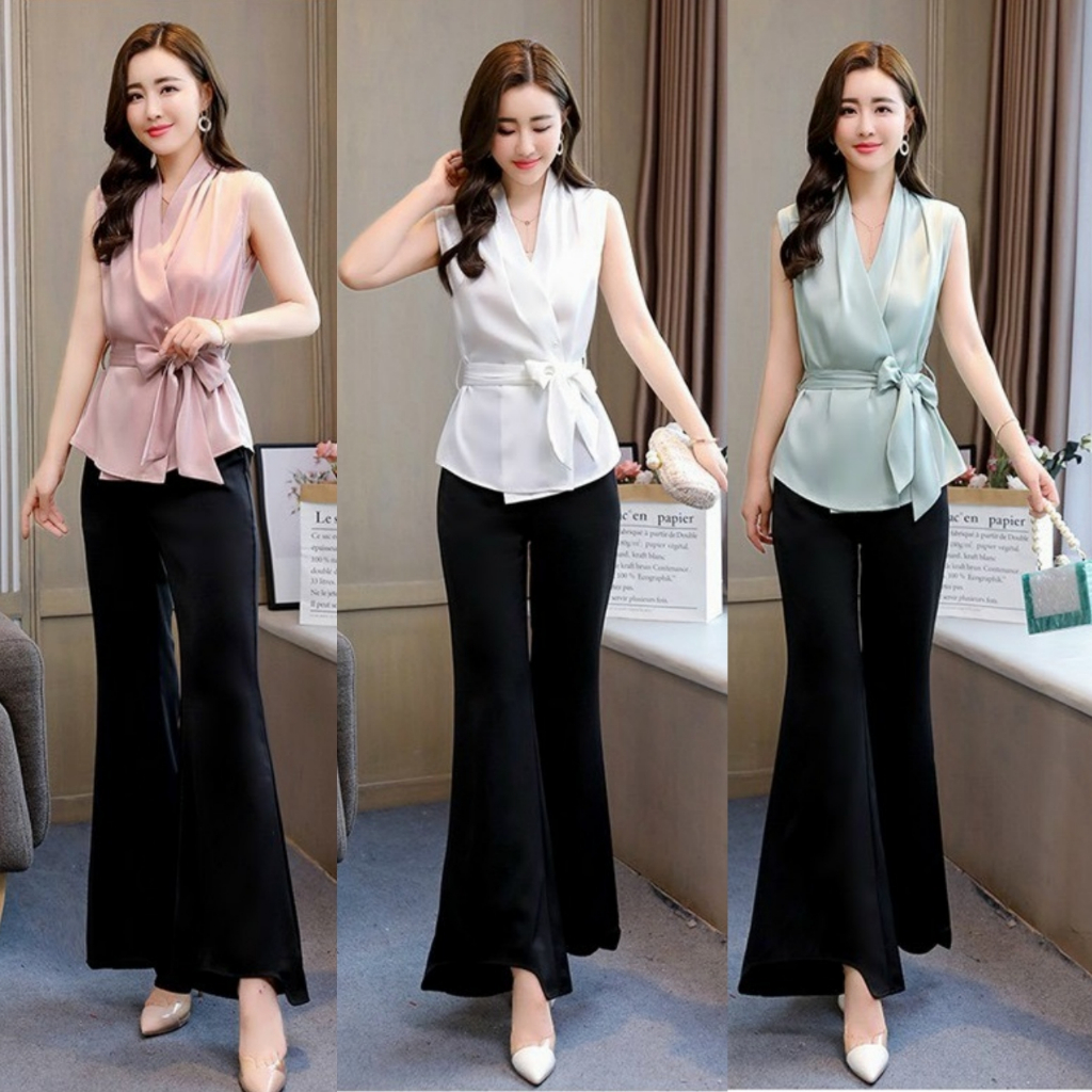 Set Áo Lụa Cột Nơ & Quần Dài - Hàng Nhập