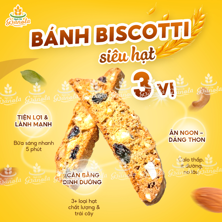 Bánh Biscotti ăn kiêng giảm cân heathly mix 3 vị siêu hạt, 100% nguyên cám, ăn sáng dinh dưỡng Việt Thái Organic