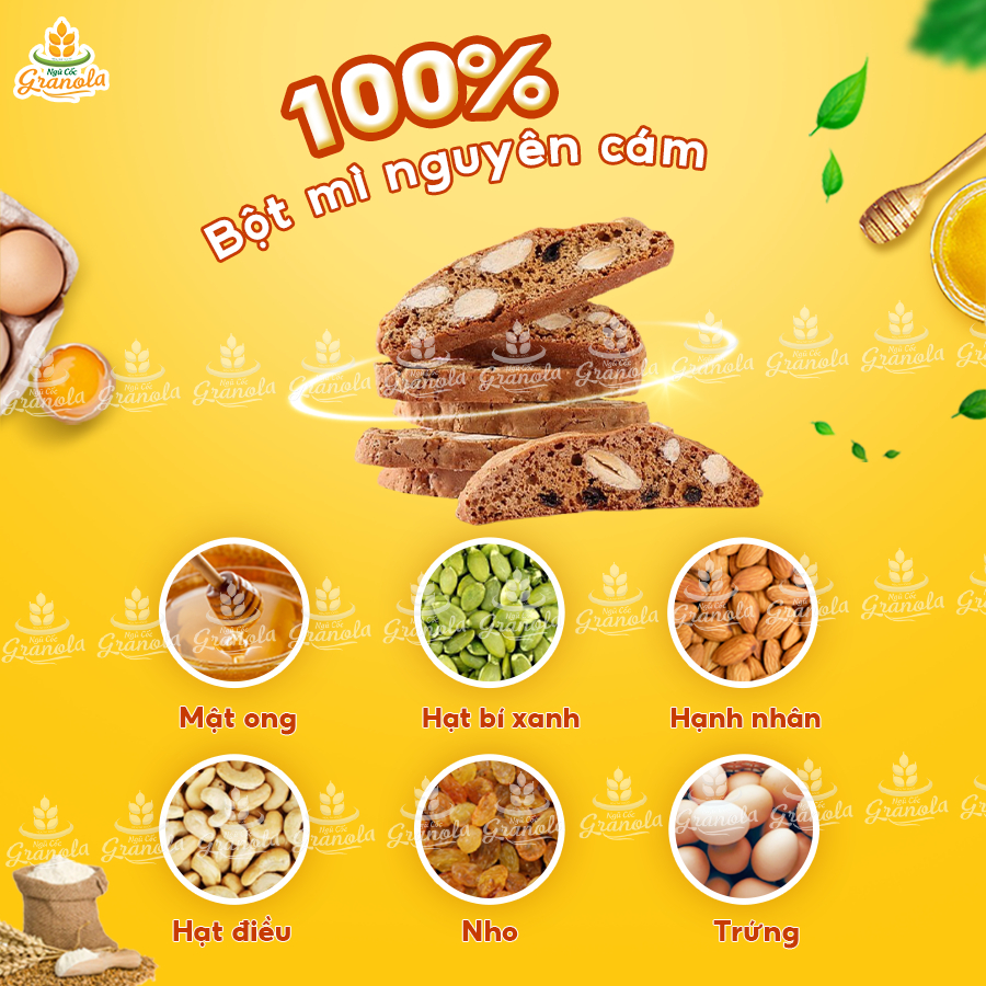 Bánh Biscotti ăn kiêng giảm cân heathly mix 3 vị siêu hạt, 100% nguyên cám, ăn sáng dinh dưỡng Việt Thái Organic