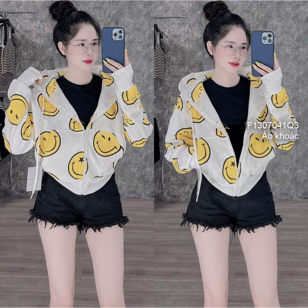 Áo khoác form rộng phối nón họa tiết mặt cười dây kéo khóa đắp túi trước tay dài xỏ ngón!