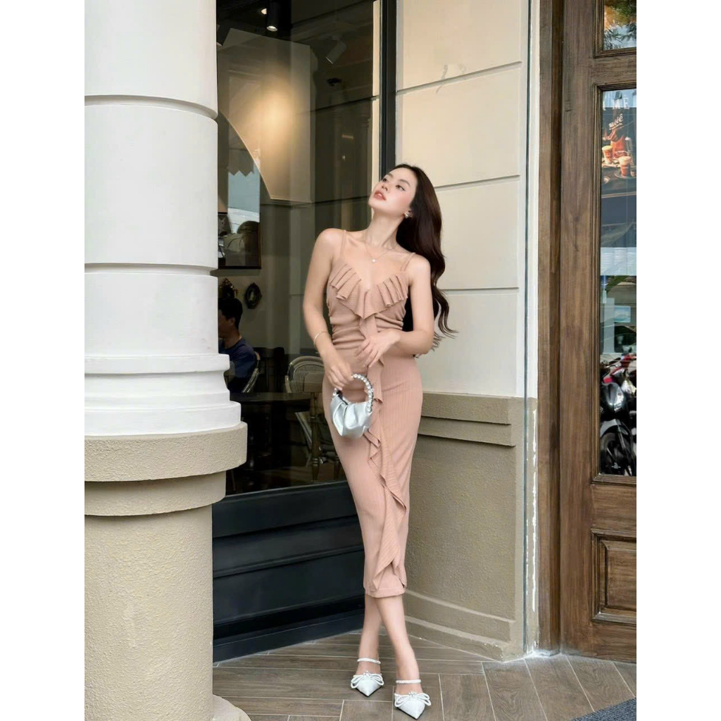 Đầm body hai dây viền bèo thun xương cá - Đầm đi tiệc đi chơi sang chảnh
