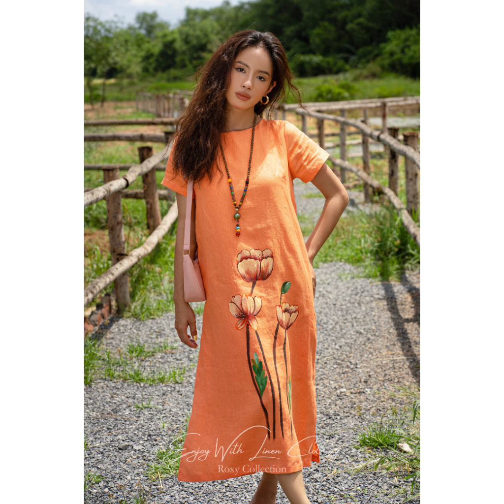 Đầm Suông Vẽ Hoa ROXY Tay Ngắn Vải Linen Cao Cấp Thanh Lịch, Nữ Tính 9420