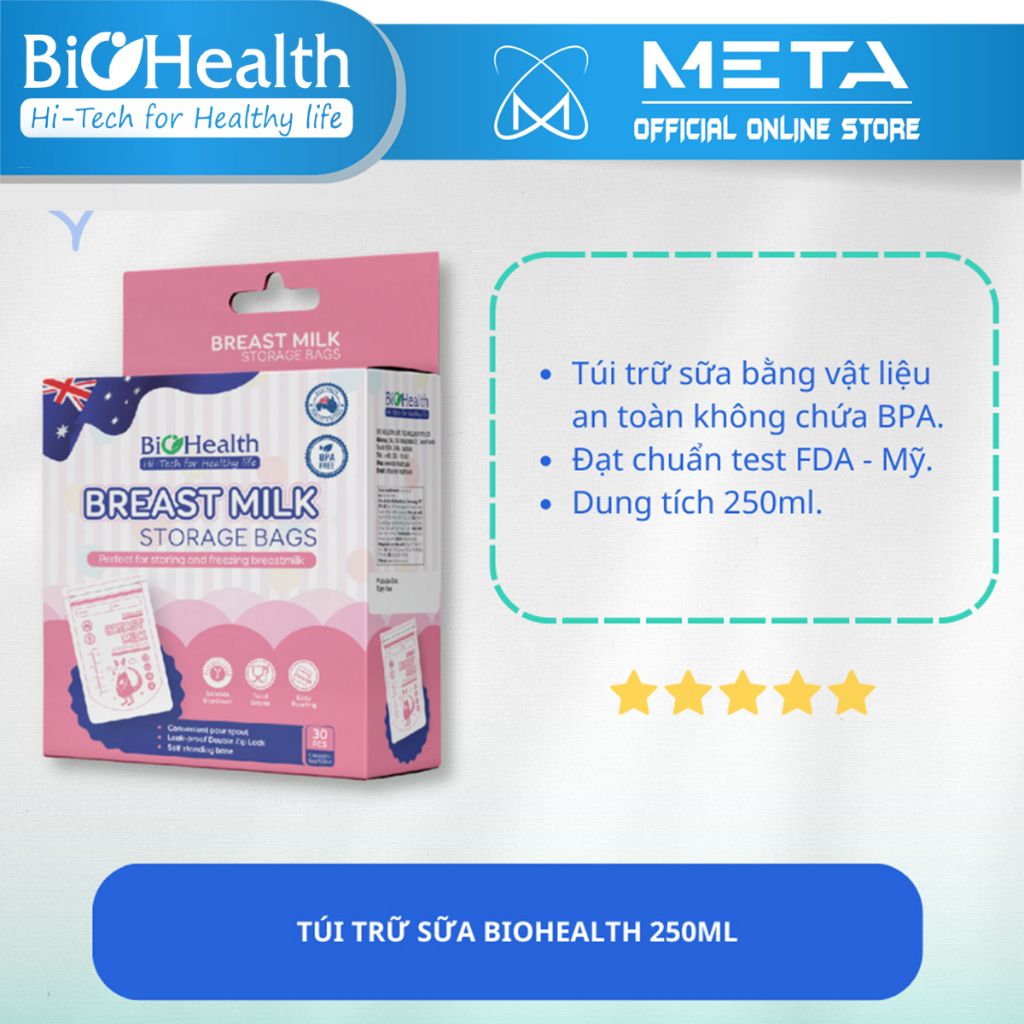 Túi trữ sữa BioHealth Dung tích 150ml, 250ml chất nhựa tự nhiên không chứa BPA an toàn cho bé | Đạt chuẩn FDA Hoa Kỳ