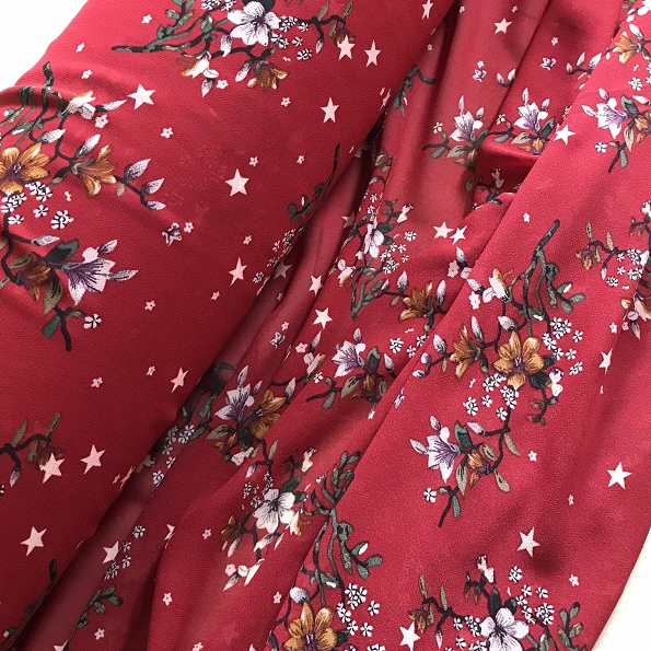 Voan Chiffon Cành Hoa Đỏ Đô, Khổ 1m5 - Chất Mềm Mịn, Rũ Nhiều, Co Giãn Nhẹ, Cần Lót