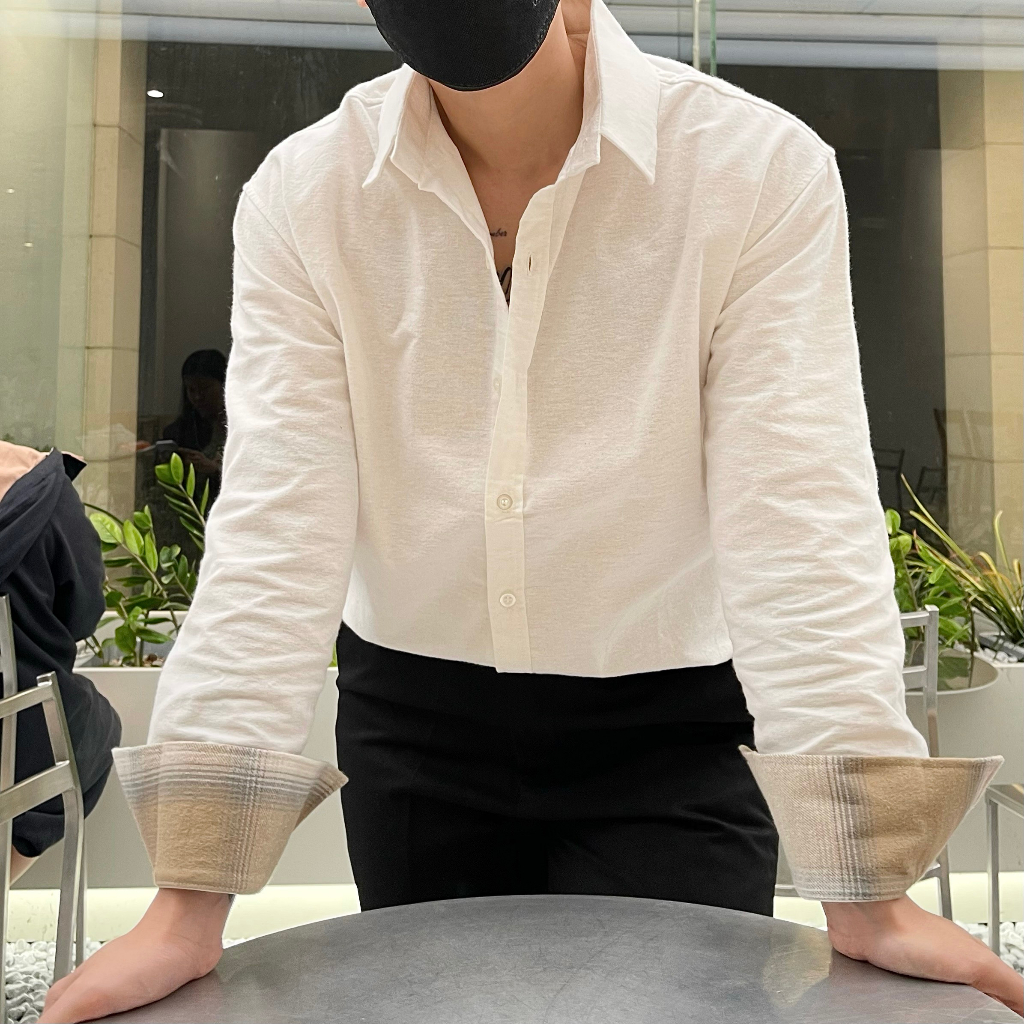 Sơmi caro nâu kem đứng form