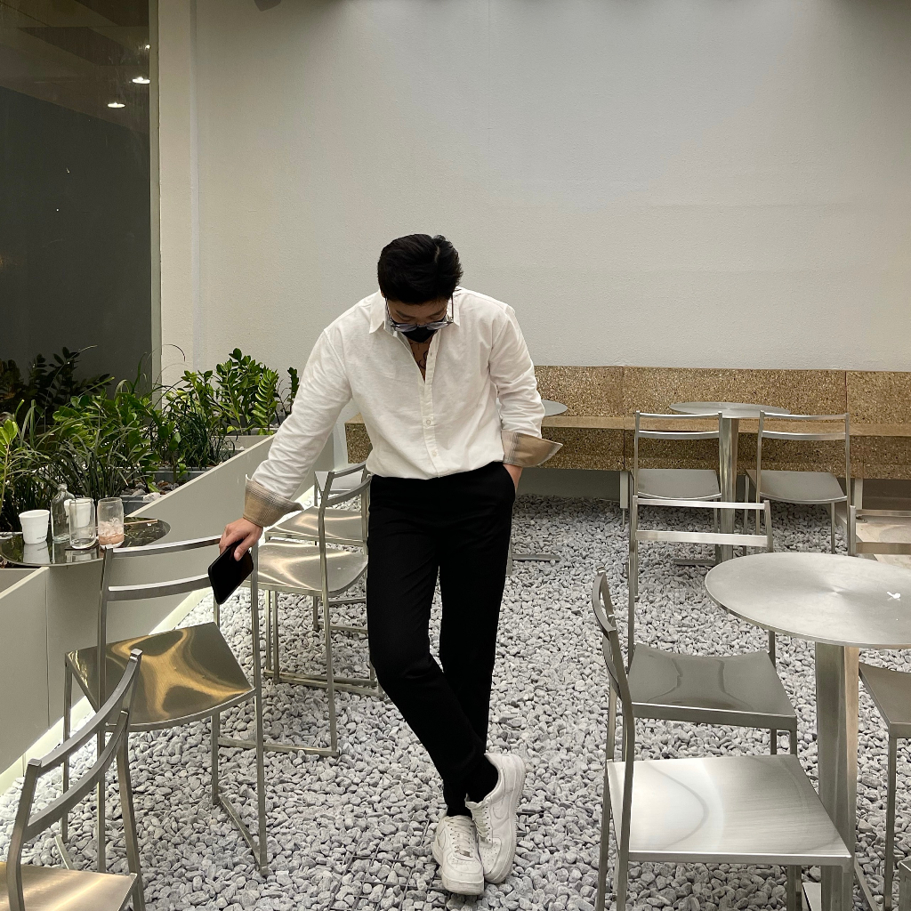 Sơmi caro nâu kem đứng form