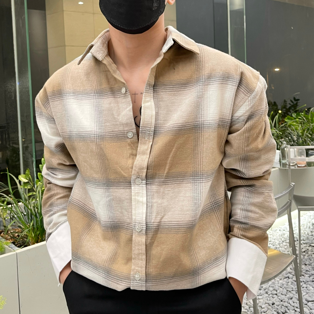 Sơmi caro nâu kem đứng form