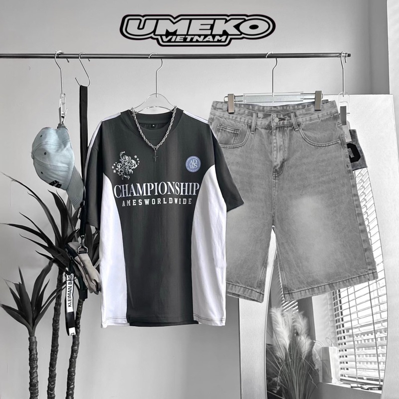 UMEKO Set MORION Unisex Gồm Áo Thun Form Rộng Tay Lỡ Màu Xám Và Quần Short Jean Form Rộng Baggy Màu Xám Wash Trắng