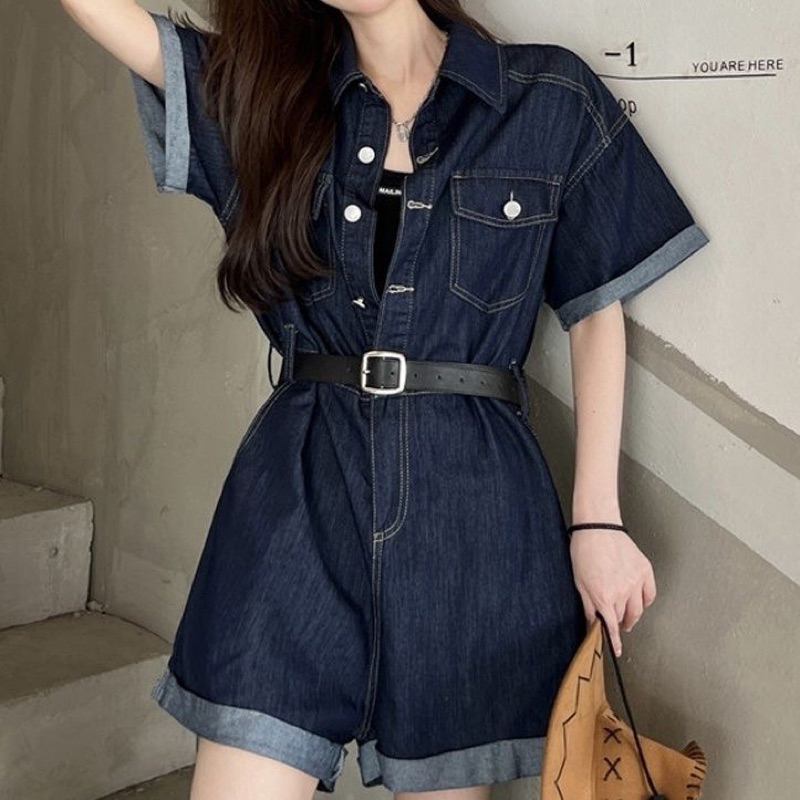 Bộ áo liền quần Jumpsuit màu xanh đậm kèm đai lưng style cá tính năng động