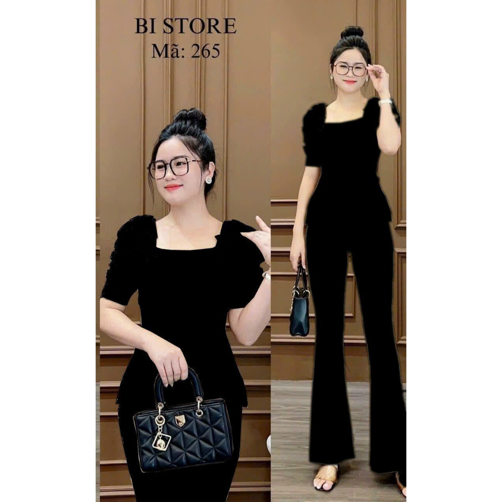Set đồ bộ thiết kế nữ áo chát xộp nhật cổ vuông tay nhún nơ xẻ tà phối quần dài ống loe lên form cực chuẩn hàng qc xịn