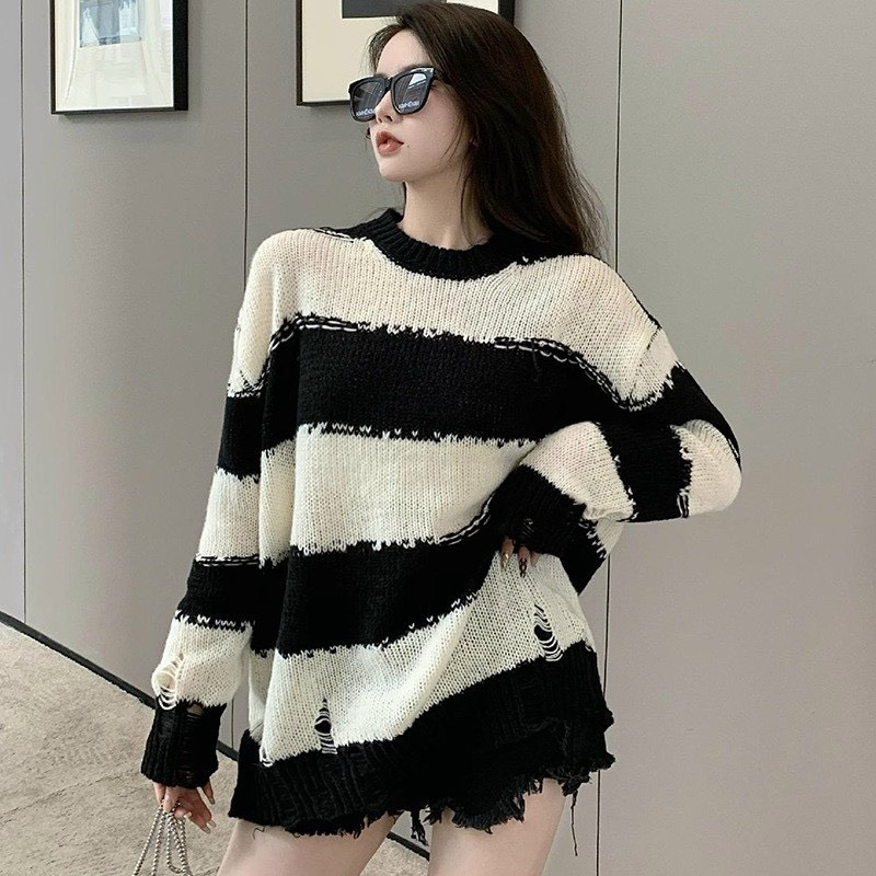Áo len nữ kẻ đen trắng hàn quốc dài tay form rộng ulzzang phong cách phối rách thời trang basic QUẢNG CHÂU