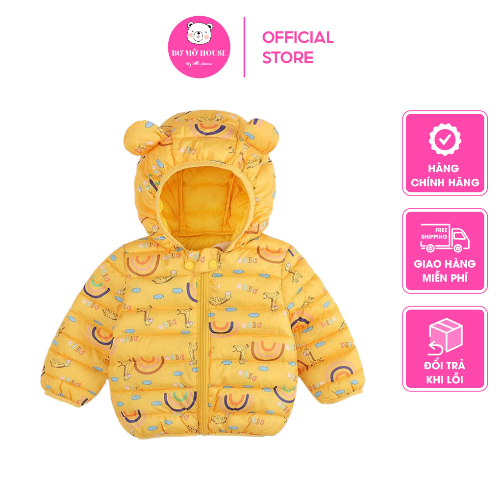Áo khoác phao cho bé BƠ MỠ HOUSE có mũ tai gấu họa tiết dễ thương size 10-20kg siêu nhẹ