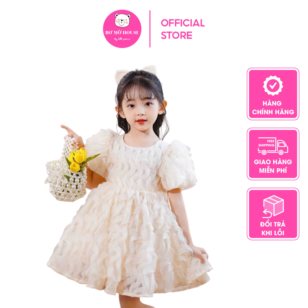 Đầm trắng bé gái BƠ MỠ HOUSE thiết kế dáng bồng họa tiết ren sóng đi tiệc đi chơi size 8-30kg